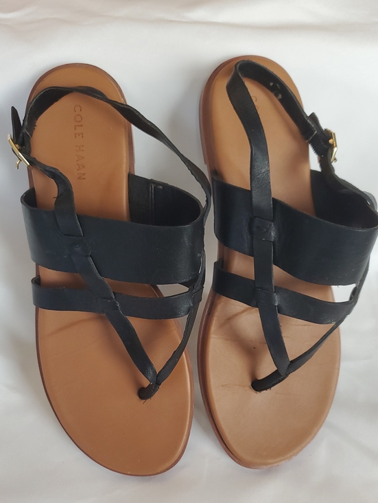 Cole Haan Shoes - Cole Haan Black Leather Strappy T‑Bar Sandals Flat Shoes Women's 7